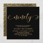 Elegant Ninety Gold Script Black 90th Birthday Invitation<br><div class="desc">Elegant Chic Black and Gold Ninety Script 90th Birthday Invitation. This modern birthday party invitation template features stylish „ninety” text in huge faux gold foil swirly handwritten calligraphy (or typography) script with swash tails, party details in gold color on black background. At the reverse side faux gold foil swirling wave...</div>