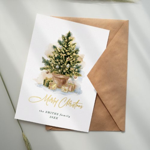 Elegant No-Photo Watercolor Christmas Tree Foil Holiday Card