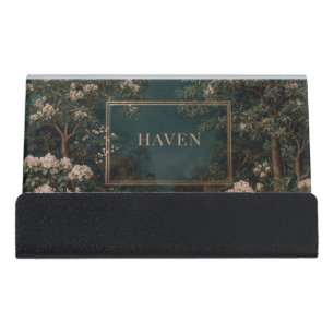 Elegant Nocturnal Garden Floral Gold Frame Desk Business Card Holder