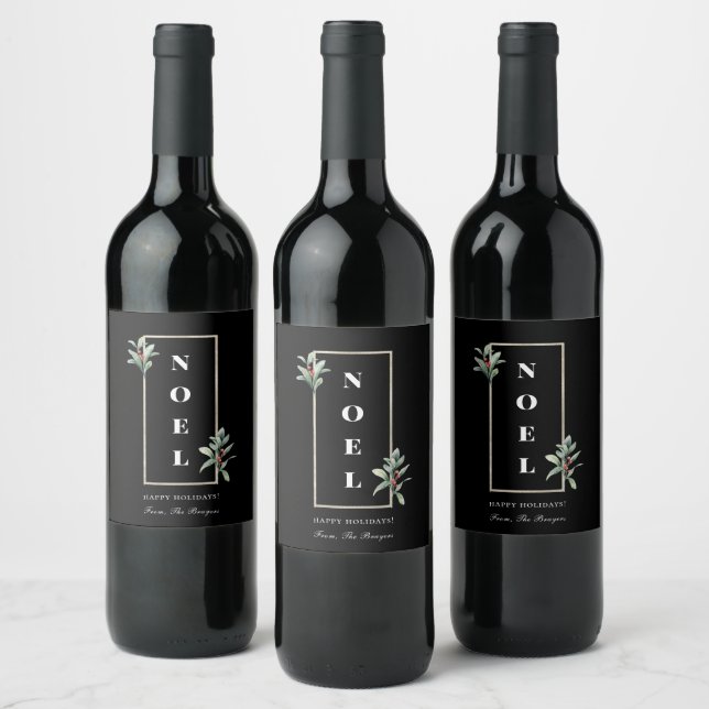 Elegant NOEL Gold Winter Berry Frame Black Wine Label (Bottles)