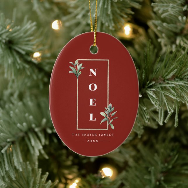 Elegant NOEL Gold Winter Berry Frame Photo Ceramic Ornament (Tree)