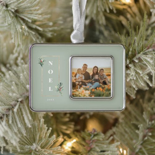 Elegant NOEL Gold Winter Berry Frame Photo Mint Christmas Ornament