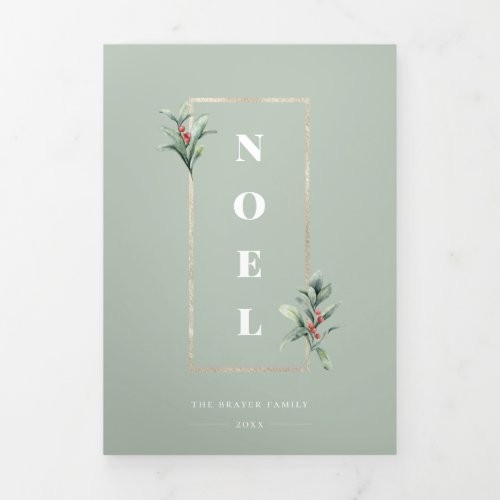 Elegant NOEL Gold Winter Berry Frame Photo Mint Tri_Fold Holiday Card