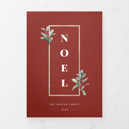 Elegant NOEL Gold Winter Berry Frame Photo Tri_Fold Holiday Card