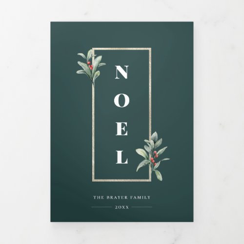 Elegant NOEL Gold Winter Berry Frame Photo Tri_Fold Holiday Card