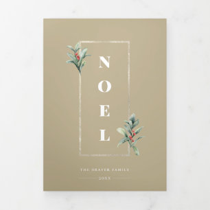 Elegant NOEL Gold Winter Berry Frame Photo Tri-Fold Holiday Card