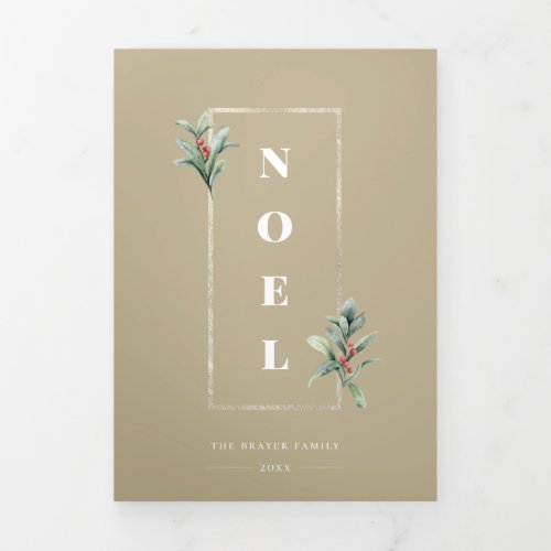 Elegant NOEL Gold Winter Berry Frame Photo Tri_Fold Holiday Card