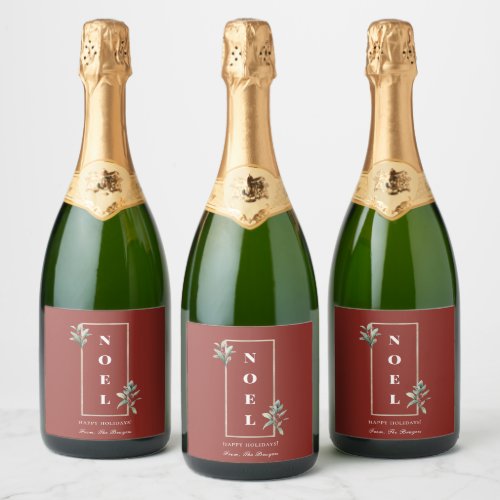 Elegant NOEL Gold Winter Berry Frame Red Sparkling Wine Label