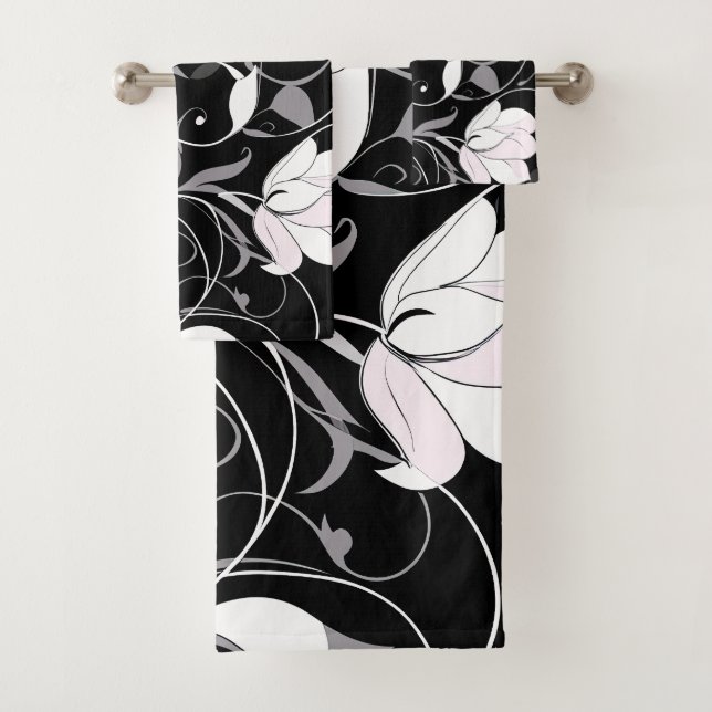 Elegant Noir Floral Swirl Bath Towel Set (Insitu)