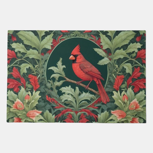 Elegant Northern Cardinal William Morris Inspired  Doormat (Front)