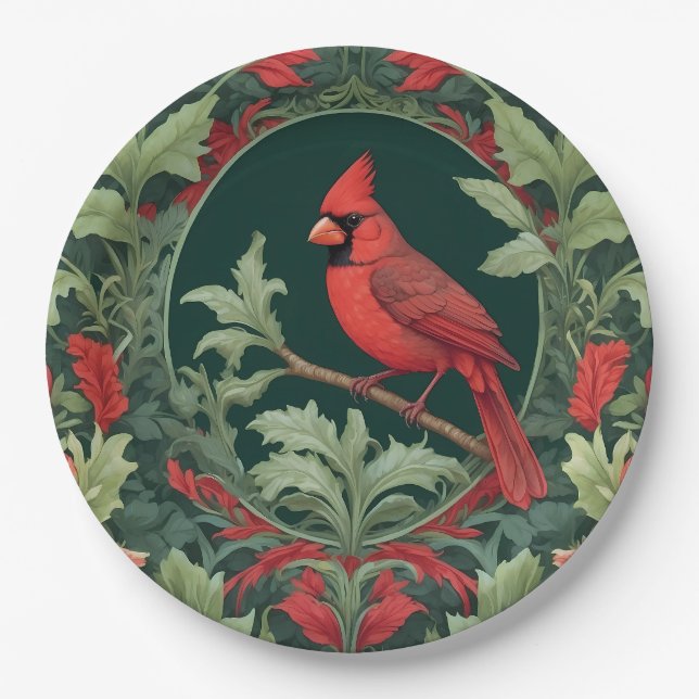 Elegant Northern Cardinal William Morris Inspired  Paper Plates (Front)