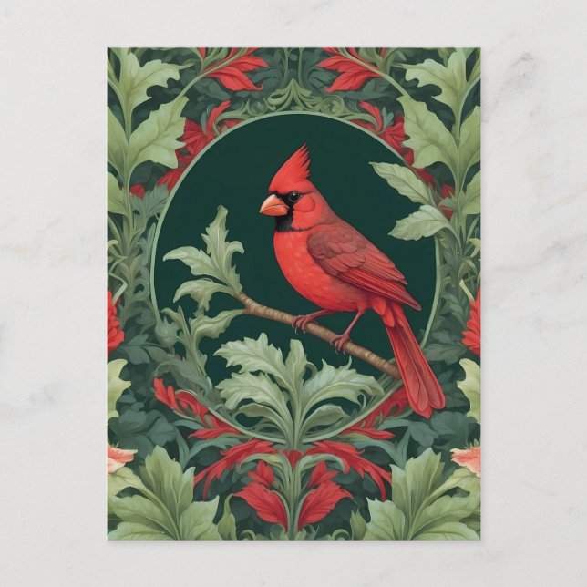 Elegant Northern Cardinal William Morris Inspired  Postcard (Front)