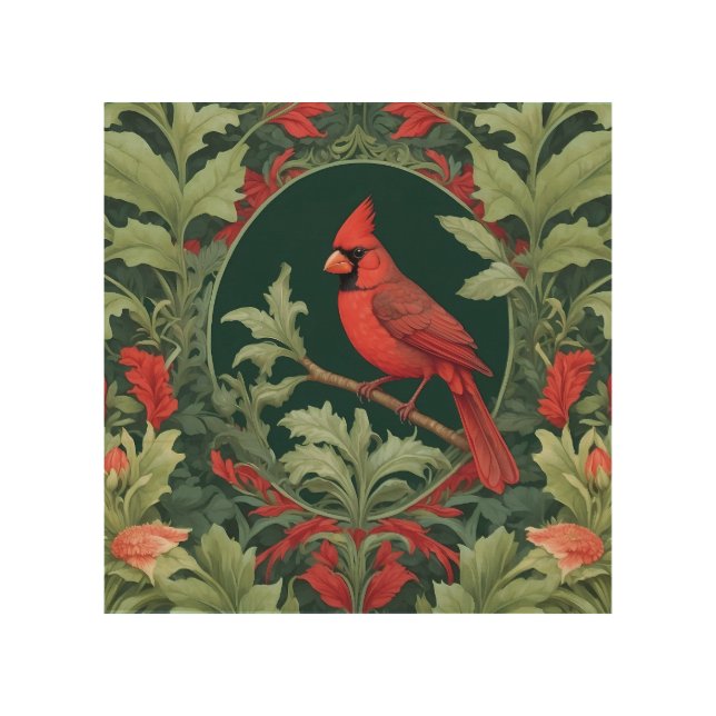Elegant Northern Cardinal William Morris Inspired  Wood Wall Art (Front)