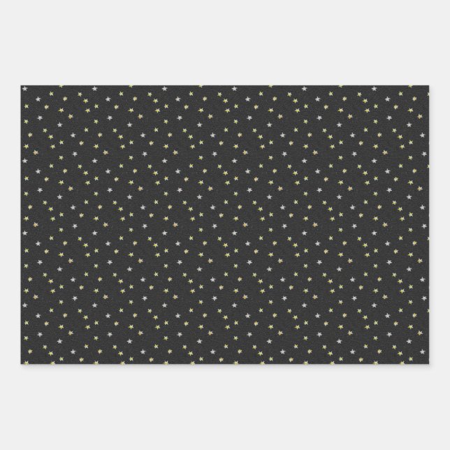 Elegant Nostalgic Hand-painted Stars on Black Wrapping Paper Sheets (Front)