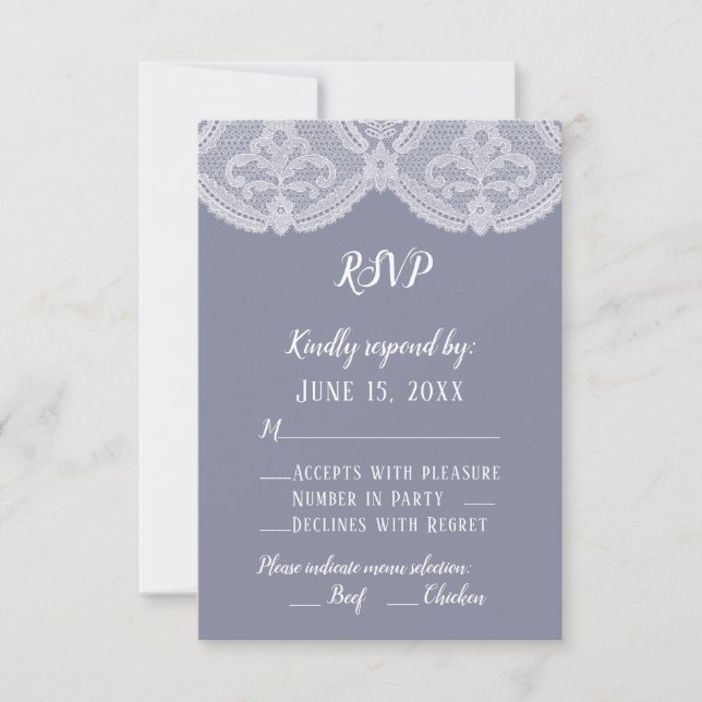 Elegant Nostalgic Lace Steel Blue Wedding RSVP (Front)