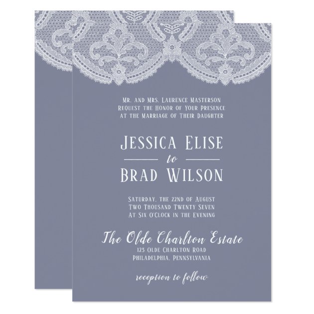 Elegant Nostalgic Lace Steel Blue | White Wedding Invitation