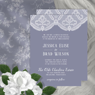 Elegant Nostalgic Lace Steel Blue | White Wedding Invitation