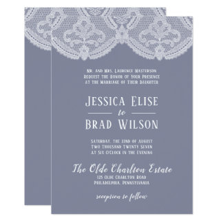 Elegant Nostalgic Lace Steel Blue | White Wedding Invitation
