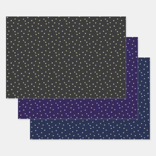 Elegant Nostalgic Stars on Black, Blue & Purple Wrapping Paper Sheets (Set)