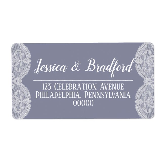 Elegant Nostalgic White Lace | Steel Blue Wedding Label (Front)