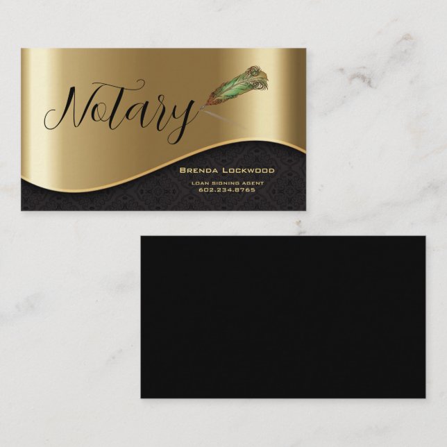 Elegant Notary Feathered Pen Black & Gold Business Card (Front/Back)