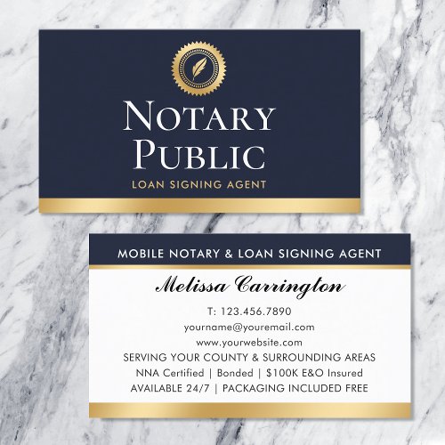 Elegant Notary Loan Signing Agent Gold Dark Blue Business Card