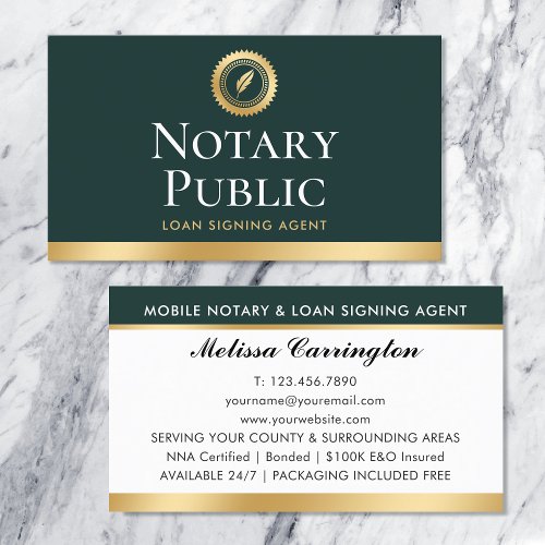 Elegant Notary Loan Signing Agent Gold Dark Green Business Card