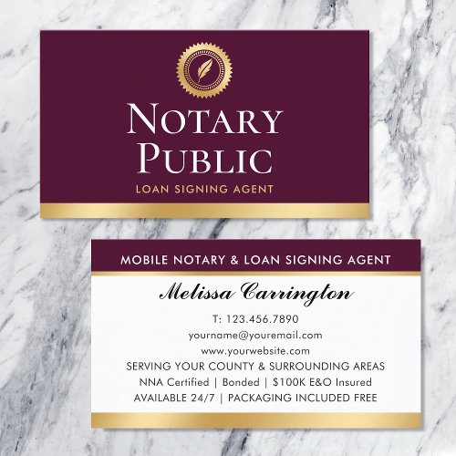 Elegant Notary Loan Signing Agent Gold Dark Pink Business Card