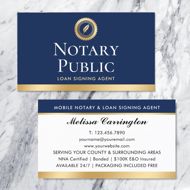 Elegant Notary Loan Signing Agent Gold Navy Blue Business Card (Creator Uploaded)