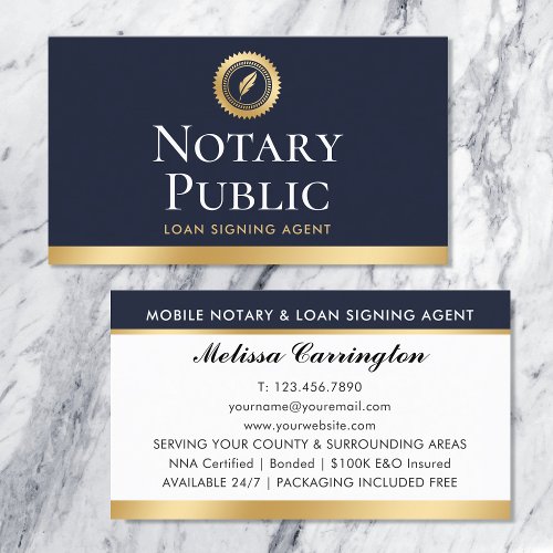 Elegant Notary Loan Signing Agent Gold Navy Blue Business Card