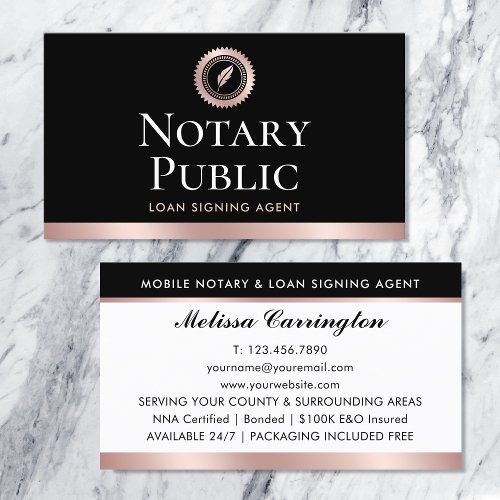 Elegant Notary Loan Signing Agent Rose Gold Black Business Card