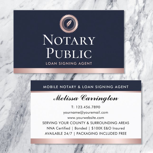 Elegant Notary Loan Signing Agent Rose Gold Blue Business Card (Creator Uploaded)