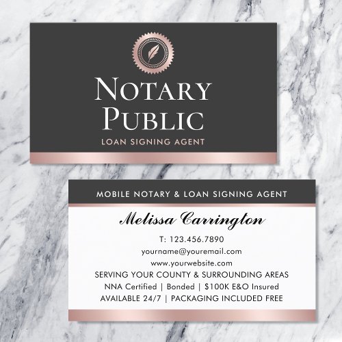 Elegant Notary Loan Signing Agent Rose Gold Gray Business Card
