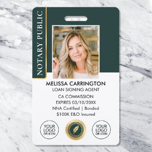 Elegant Notary Public ID Photo Dark Green Gold Badge