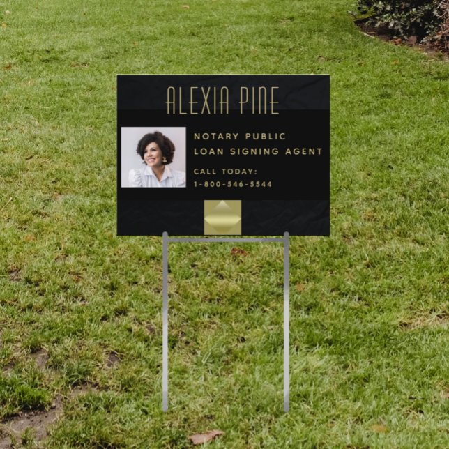 Elegant Notary Public Loan Agent Black Gold Photo Sign (Creator Uploaded)