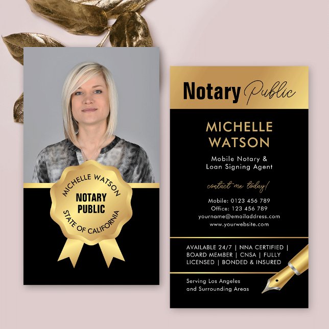 Elegant Notary Public Photo Black & Gold Business Card (Modern notary photo business cards in black and gold)