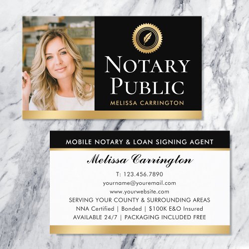 Elegant Notary Public Photo Gold Black Business Card