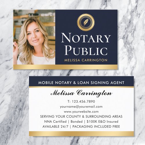 Elegant Notary Public Photo Gold Dark Blue Business Card