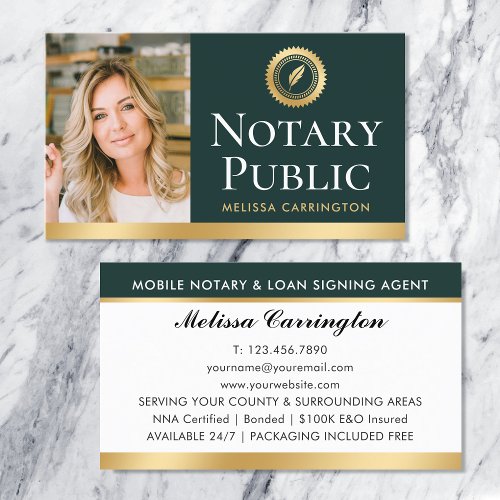 Elegant Notary Public Photo Gold Dark Green Business Card