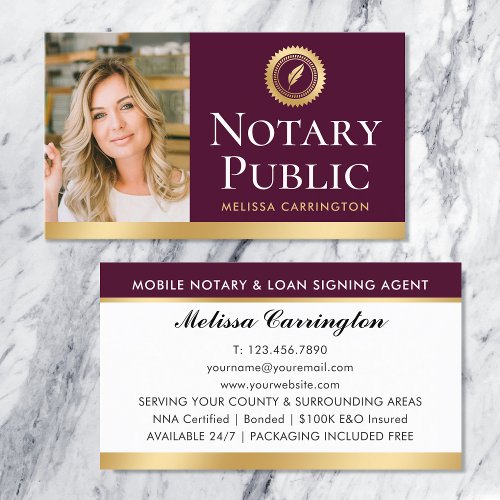 Elegant Notary Public Photo Gold Dark Pink Business Card