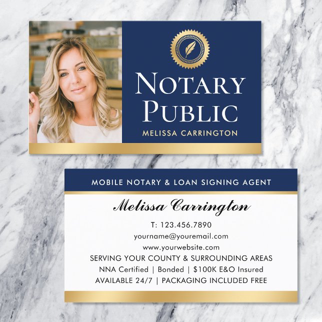 Elegant Notary Public Photo Gold Navy Blue Business Card (Creator Uploaded)