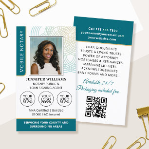 Elegant Notary Public Photo Logo Teal Business Card