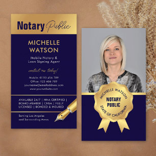 Elegant Notary Public Photo Navy & Gold Business Card