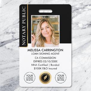 Elegant Notary Public Photo QR Black Gold Badge