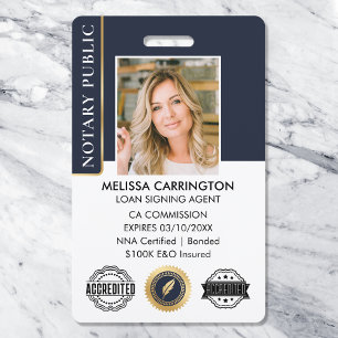 Elegant Notary Public Photo QR Blue Gold Badge