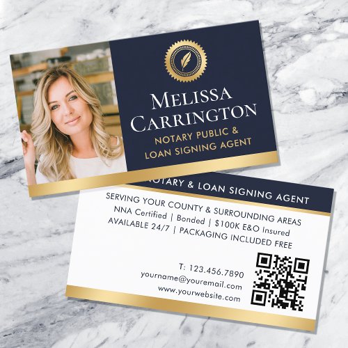 Elegant Notary Public Photo QR Gold Dark Blue Business Card