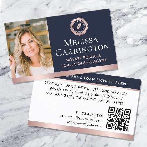 Elegant Notary Public Photo QR Rose Gold Dark Blue Business Card