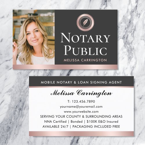 Elegant Notary Public Photo Rose Gold Dark Gray Business Card