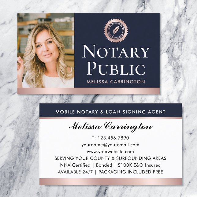 Elegant Notary Public Photo Rose Gold Navy Blue Business Card (Creator Uploaded)
