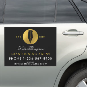 Elegant Notary Signing Agent QR Code Black Gold Car Magnet